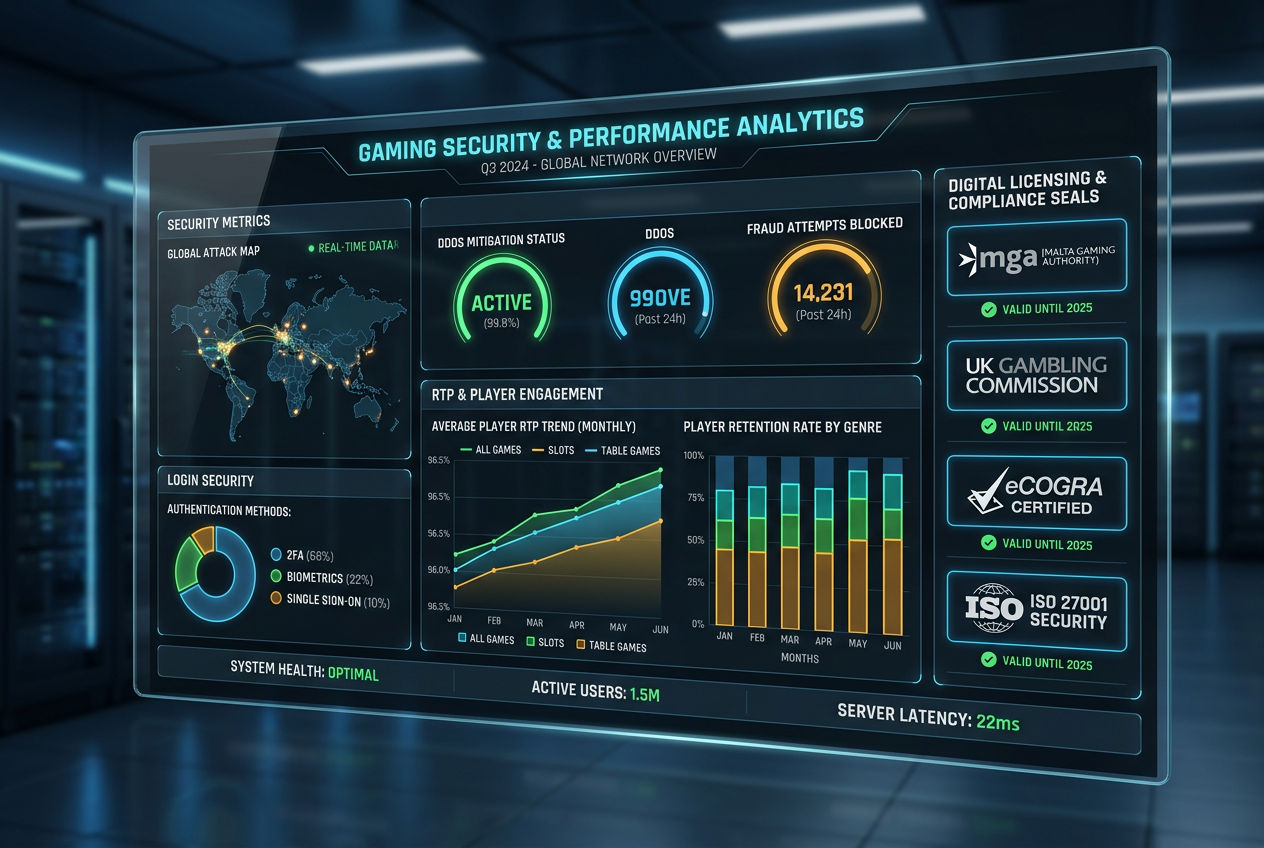 Analytický dashboard s parametry bezpečnosti a licencování kasin